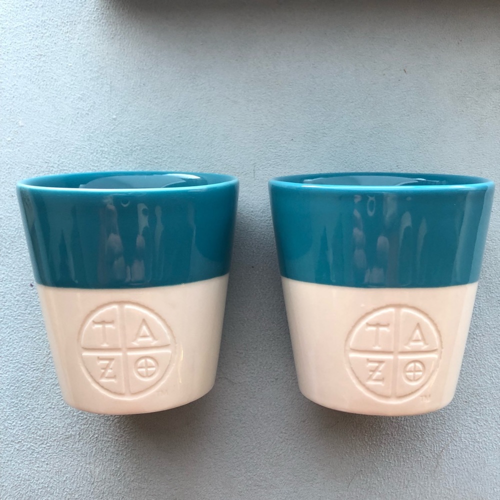 2 Starbucks Tazo Asymmetrical mugs without handles. Turquoise white NEW